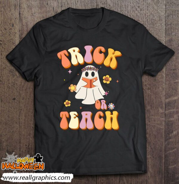 halloween retro vintage groovy trick or teach teacher women shirt 420 tdje3