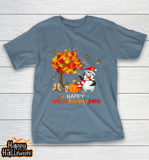 penguin halloween and merry christmas happy hallothanksmas funny t shirt 812 sus2ak