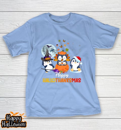 penguin halloween and merry christmas happy hallothanksmas t shirt 155 r91lve