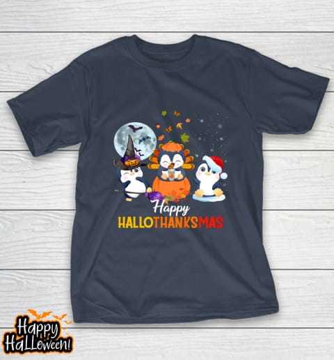 penguin halloween and merry christmas happy hallothanksmas t shirt 371 ts7gop