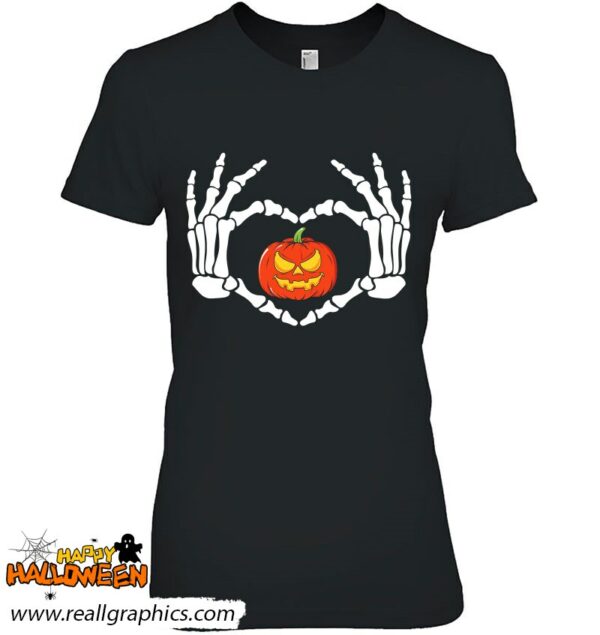 skeleton hand with love pumpkin trick or treat halloween shirt 793 weupv