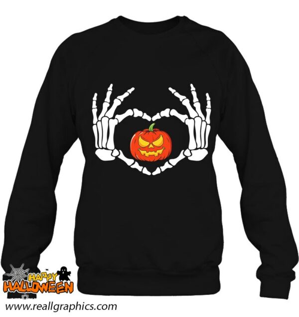 skeleton hand with love pumpkin trick or treat halloween shirt 795 dxwah