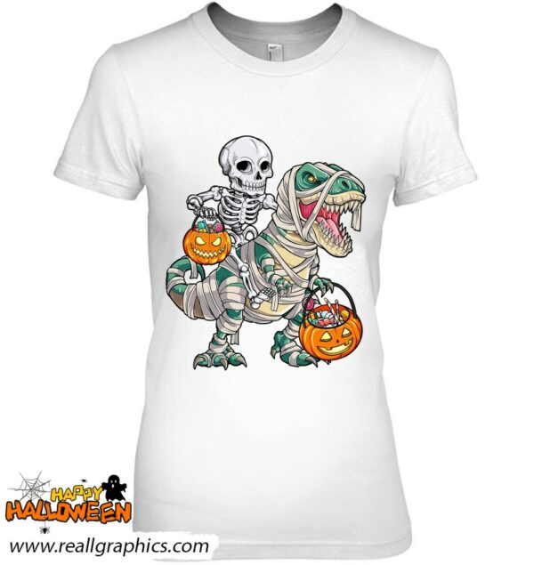 skeleton riding mummy dinosaur t rex halloween funny pumpkin shirt 1316 p71ju