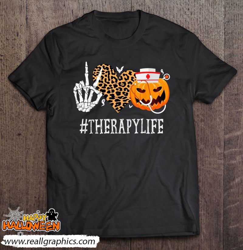 Therapy Peace Love Pumpkin Funny Halloween Leopard Shirt
