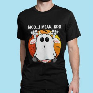 vintage ghost cow moo i mean boo funny halloween cow boo retro sunset t shirt 1 3mF56