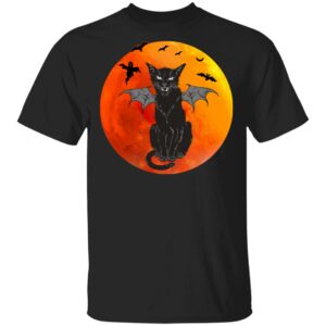vintage halloween scary black cat with monster wings retro sunset t shirt 1 yF9jC