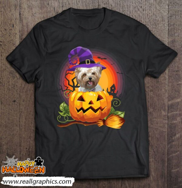 yorkie witch pumpkin halloween dog lover costume shirt 828 rlxjo