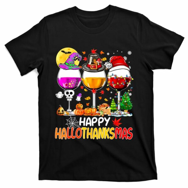 halloween thanksgiving christmas happy hallothanksmas wine t shirt 1 uoetce