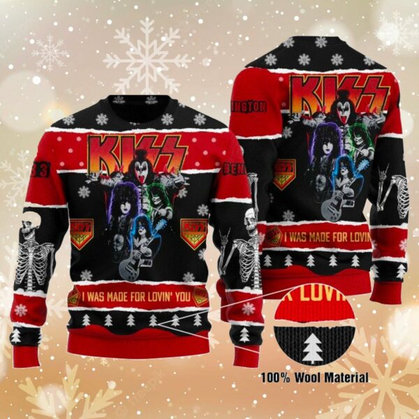 roll n rock i was made for lovin you kiss custom ugly christmas sweater 1 mscorf