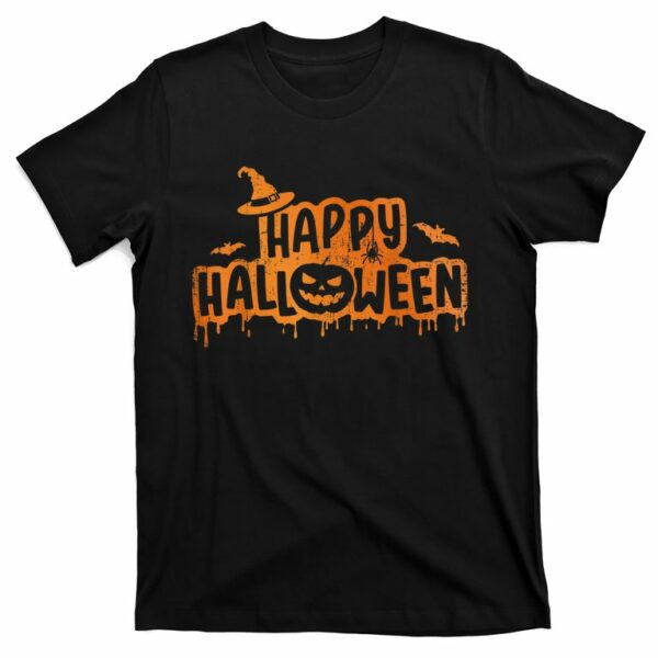 scary happy halloween with witch hat pumpkin face and bats t shirt 1 sbu1tv