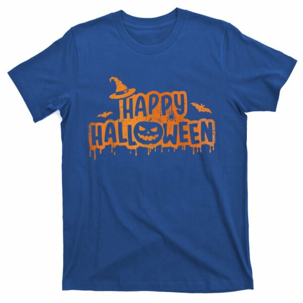 scary happy halloween with witch hat pumpkin face and bats t shirt 2 oq79fz