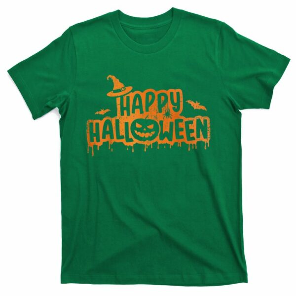 scary happy halloween with witch hat pumpkin face and bats t shirt 3 okyo13