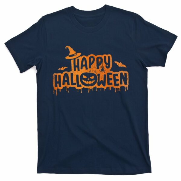 scary happy halloween with witch hat pumpkin face and bats t shirt 4 azjbj5