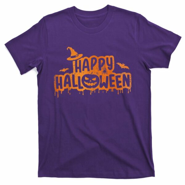 scary happy halloween with witch hat pumpkin face and bats t shirt 5 lcip6g