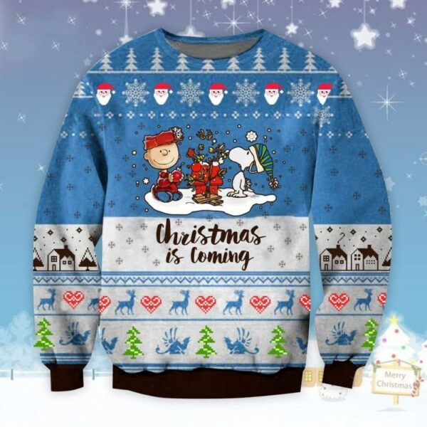 snoopy charlie brown christmas is coming ugly sweater over print 1 umwfhw
