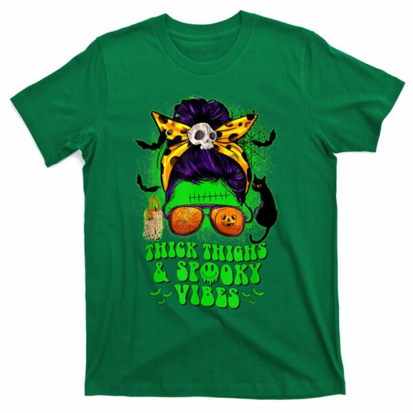 thick thighs spooky vibes halloween momster messy bun skull t shirt 3 y4kixm