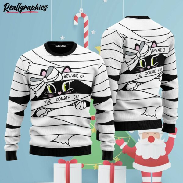 be ware of a zombie cat halloween ugly christmas sweater ryseun