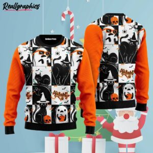black cat and ghost halloween ugly christmas sweater b0mwti