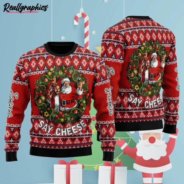 funny jesus and funny santa say cheese ugly christmas sweater dtqijn