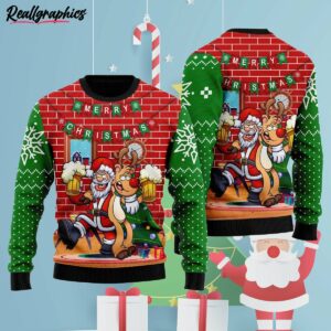 funny santa drink beer with reindeer ugly christmas sweater hyxxie