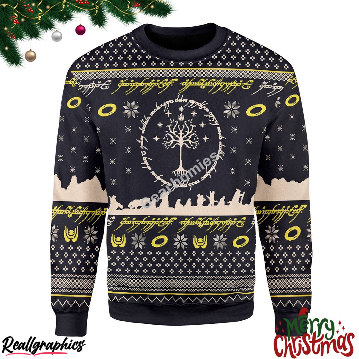 Merry Christmas Elvish Circle All Over Print Ugly Sweatshirt, Sweater