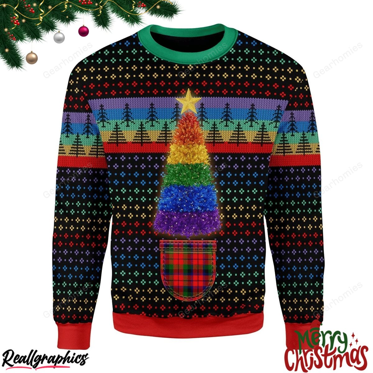 Merry Christmas Lgbtq+ Christmas Tree All Over Print Ugly Sweatshirt, Sweater