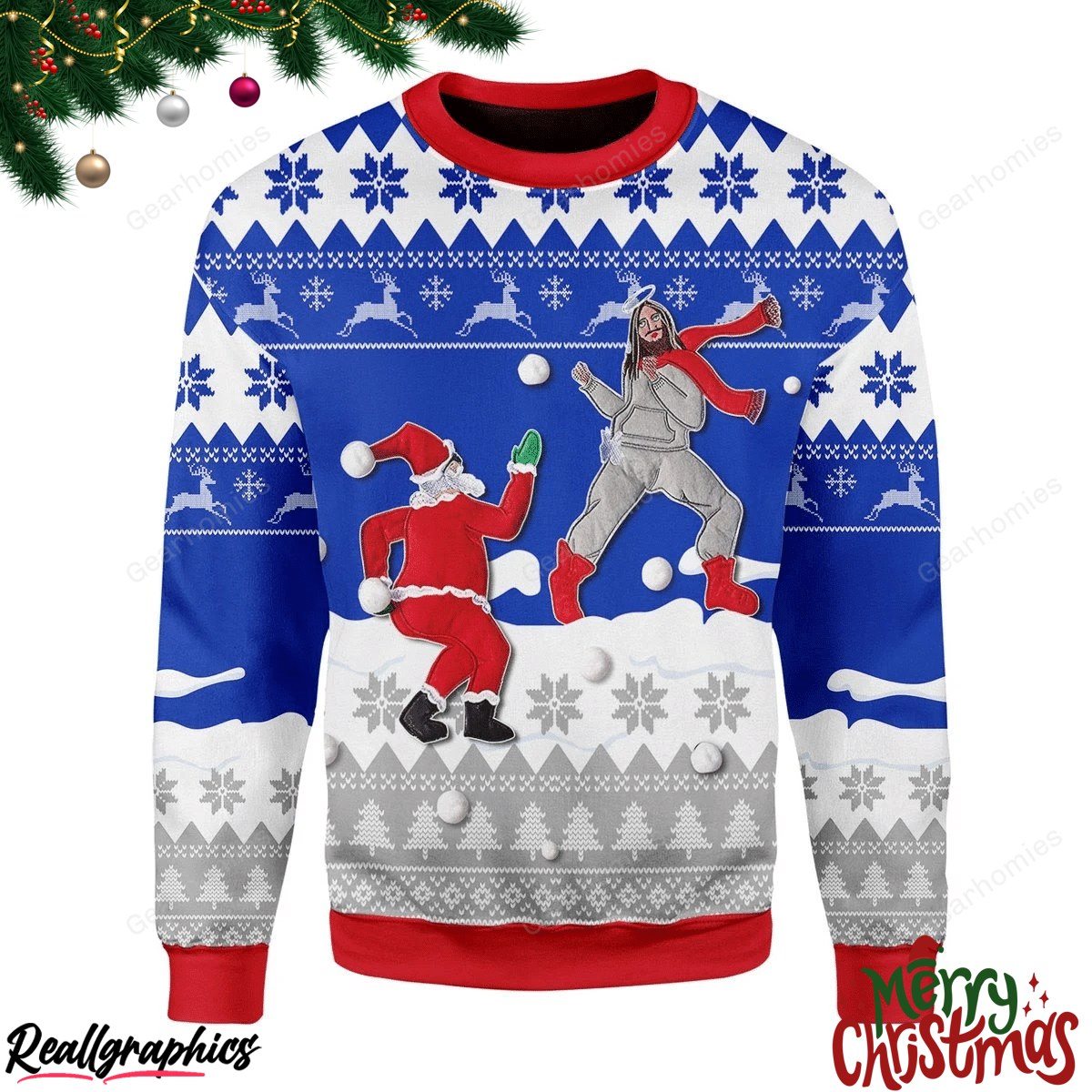 Merry Christmas Santa And Jesus Playing Snowball Christmas Ugly Sweatshirt - Sweater