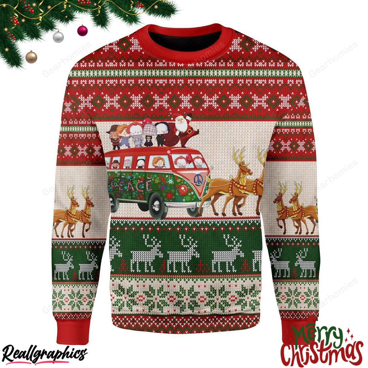 Merry Christmas Santa With Horror Characters All Over Print Ugly Sweatshirt, Sweater