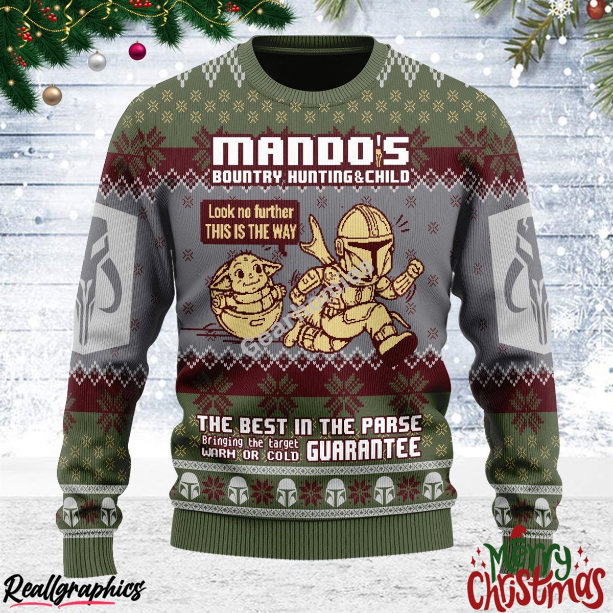 Merry Christmas Unisex Ugly Christmas Sweater Mando's Bountry Hunting All Over Print Ugly Sweatshirt, Sweater