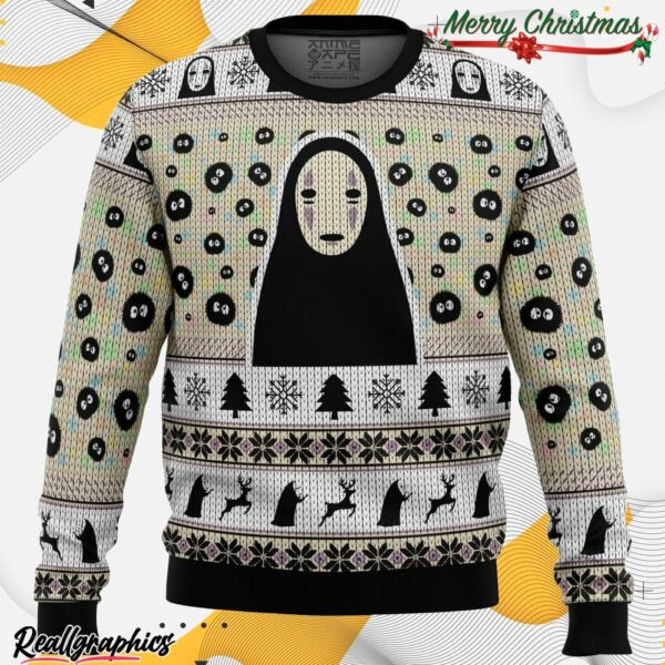 no face and soot sprites spirited away studio ghibli ugly christmas sweater 1 vav5c3