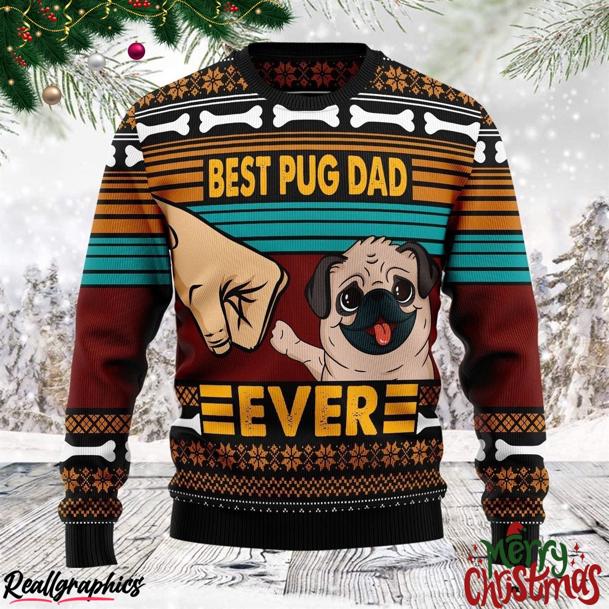Pug Best Dog Dad Christmas Ugly Sweatshirt, Sweater