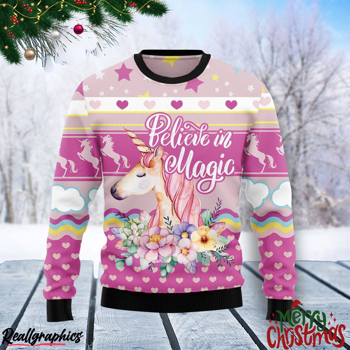 Unicorn Believe In Magic Christmas Ugly Sweatshirt, Sweater