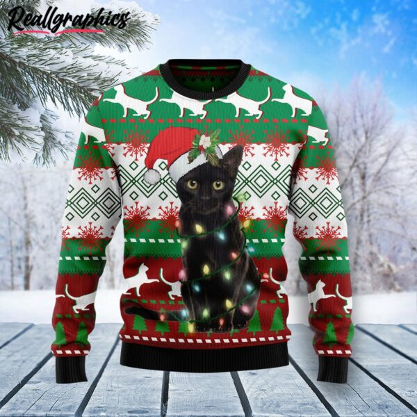 black cat light christmas ugly christmas sweater oixnxo