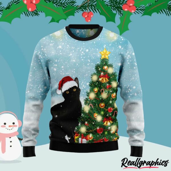 black cat noel tree ugly christmas sweater us87oo