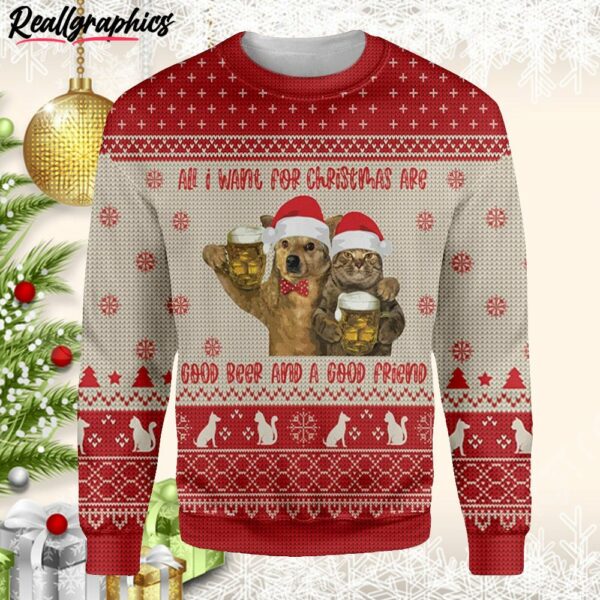 cat all i want for christmas are good beer and a good friend ugly christmas sweater rlgkmk