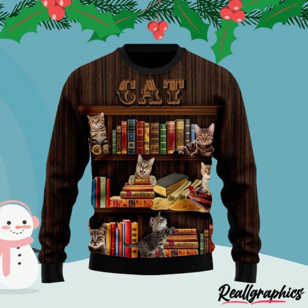 cat bookcase ugly christmas sweater rfy6lw