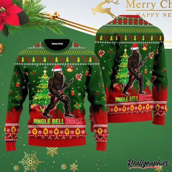 jingle bell rock bigfoot playing guitar ugly christmas sweater or3opv