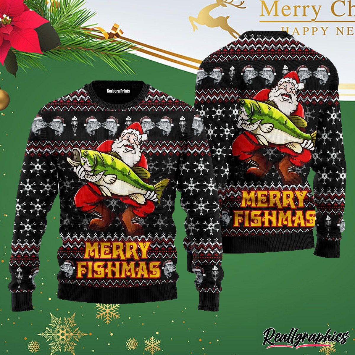 Merry Fishmas Santa Loves Fishing Ugly Christmas Sweater