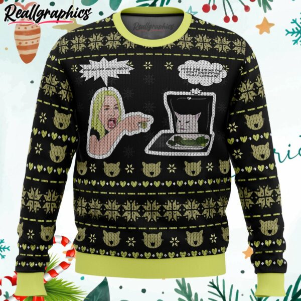 woman yelling at cat meme ugly christmas sweater bvnku