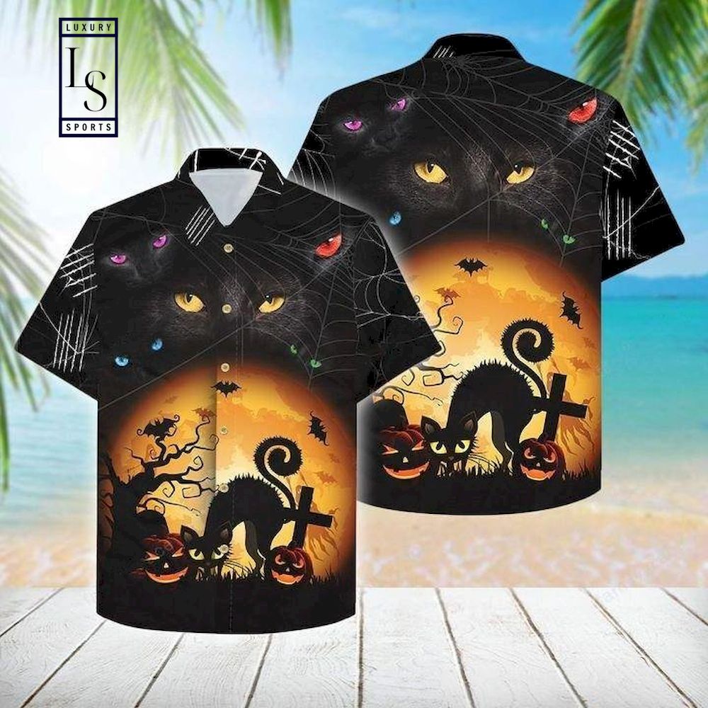 Black Cat in Halloween Hawaiian Shirt