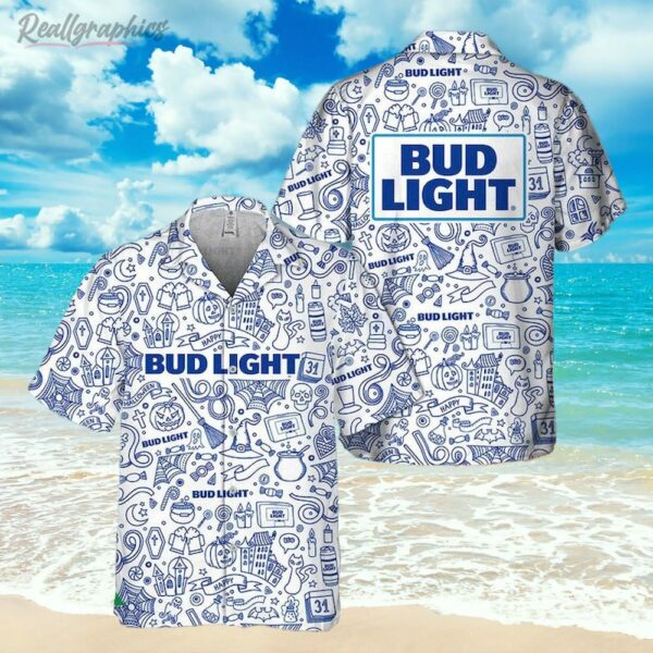 halloween doodle art bud light hawaiian shirt short sleeve button up shirt n7xh0v