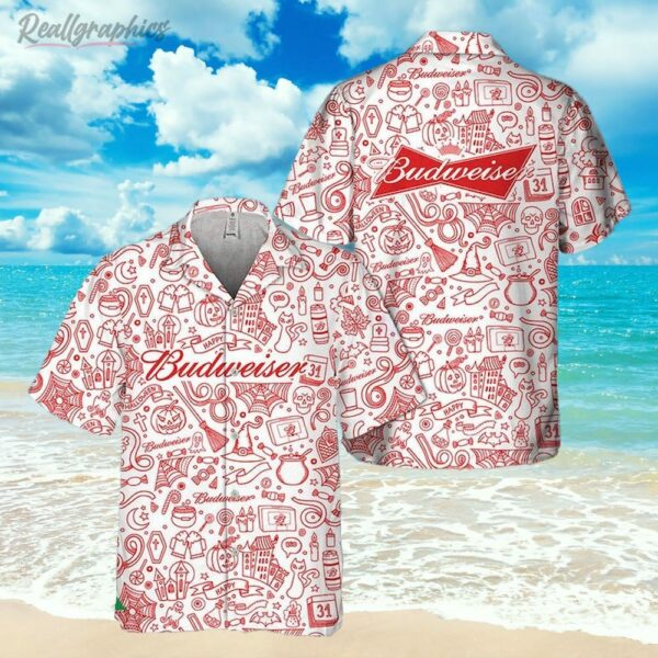 halloween doodle art budweiser beer hawaiian shirt short sleeve button up shirt qpfa9x