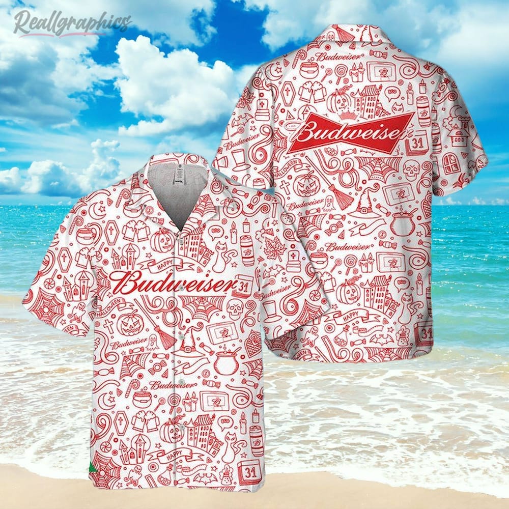 Halloween Doodle Art Budweiser Beer Hawaiian Shirt, Short Sleeve Button-up Shirt