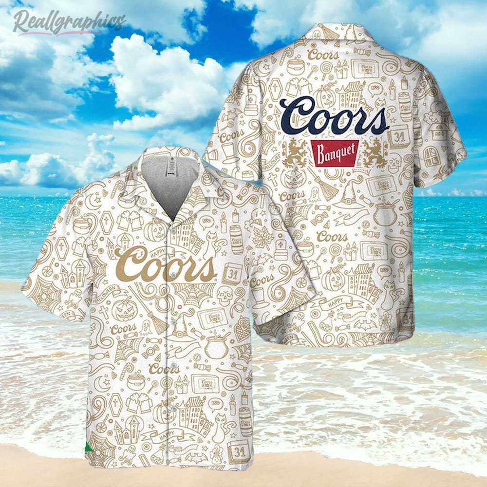 Halloween Doodle Art Coors Banquet Hawaiian Shirt, Short Sleeve Button-up Shirt