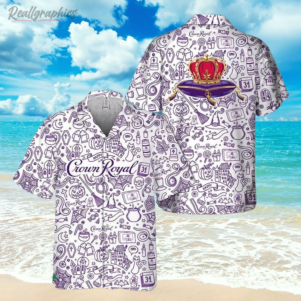 Halloween Doodle Art Crown Royal Hawaiian Shirt, Short Sleeve Button-up Shirt