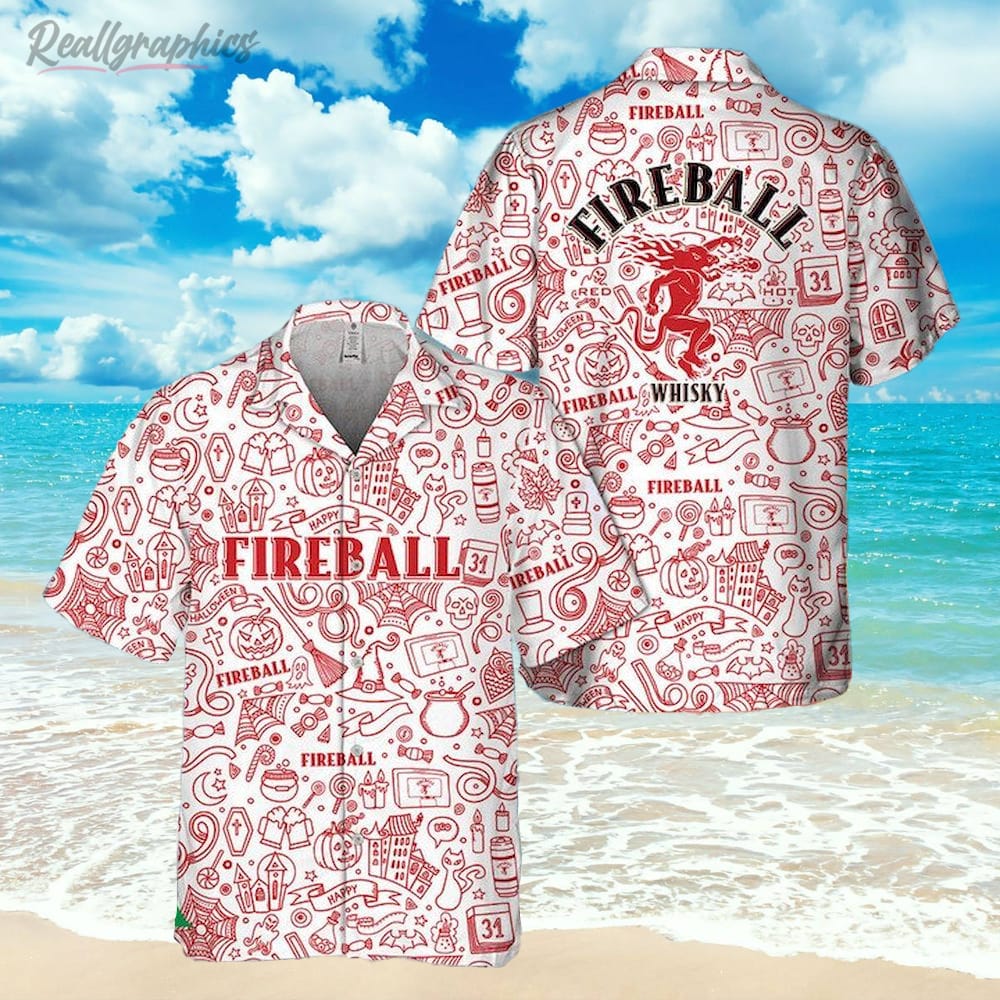 Halloween Doodle Art Fireball Whisky Hawaiian Shirt, Short Sleeve Button-up Shirt