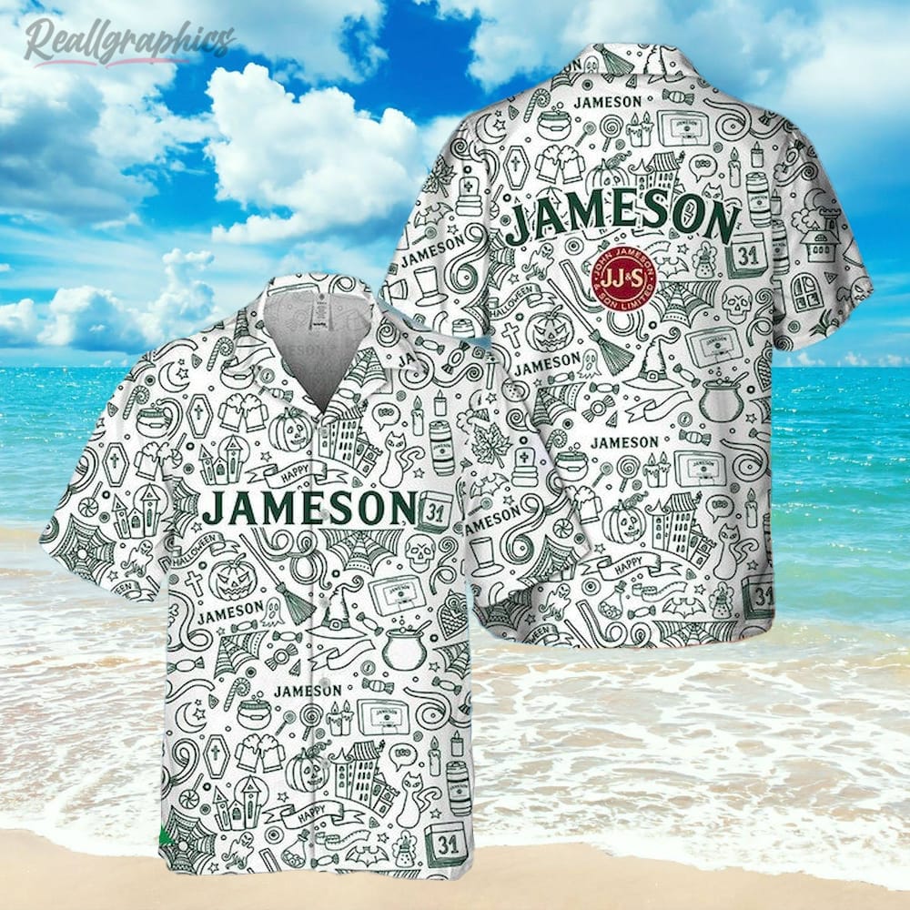 Halloween Doodle Art Jameson Irish Whiskey Hawaiian Shirt, Short Sleeve Button-up Shirt