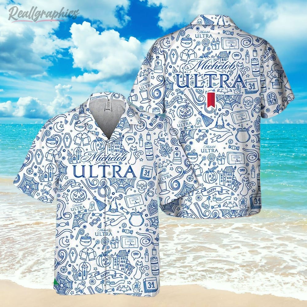 Halloween Doodle Art Michelob ULTRA Hawaiian Shirt, Short Sleeve Button-up Shirt