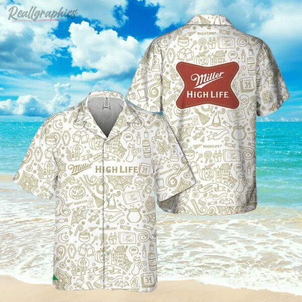 halloween doodle art miller high life hawaiian shirt short sleeve button up shirt oligjh