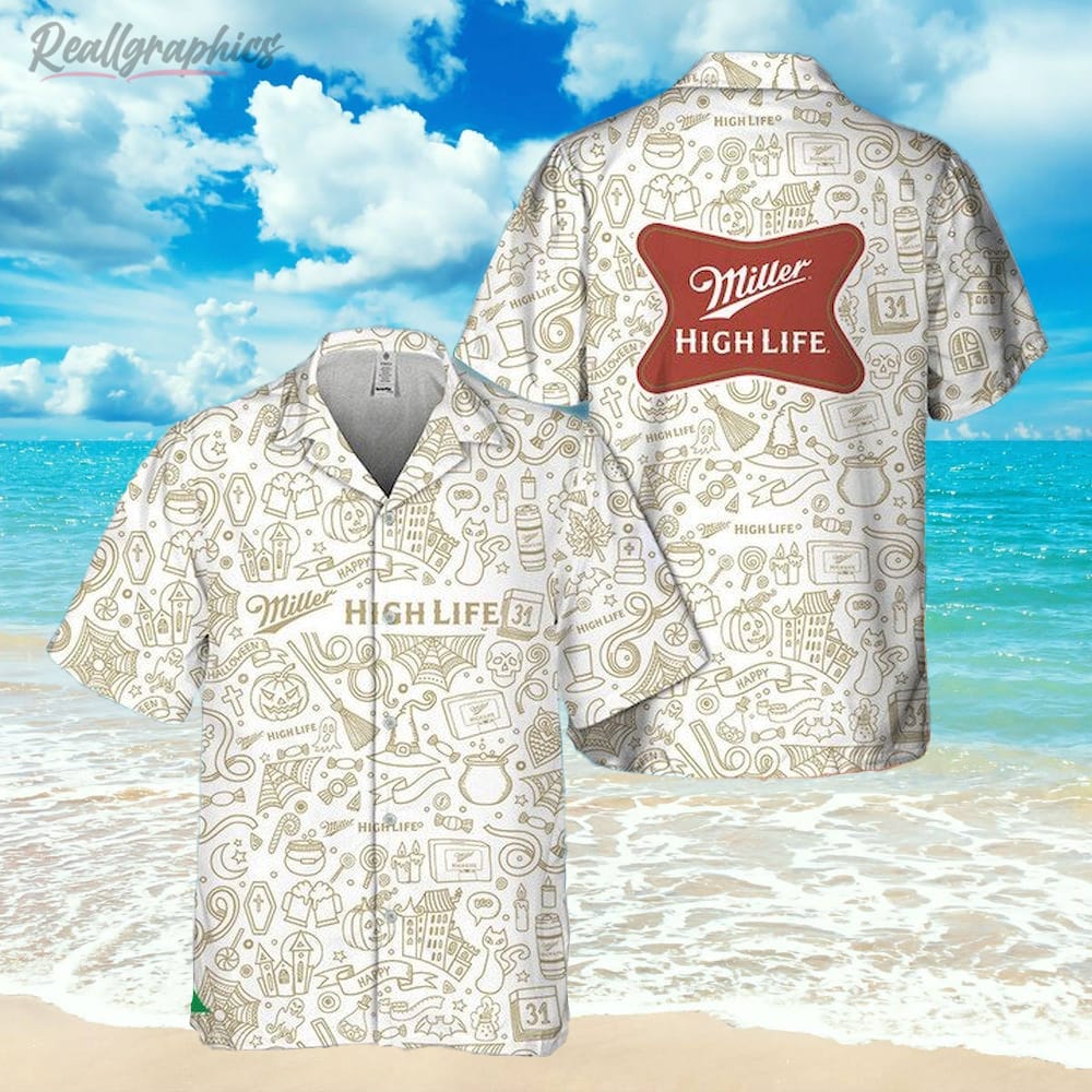 Halloween Doodle Art Miller High Life Hawaiian Shirt, Short Sleeve Button-up Shirt